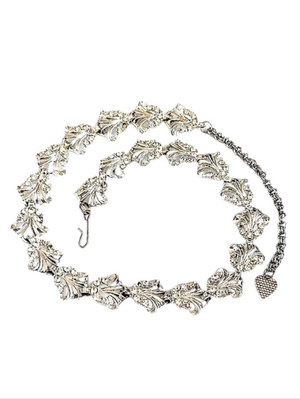 🤍 Vintage Estate Silver Floral Leaf Clear Crystal Rhinestone Choker Necklace